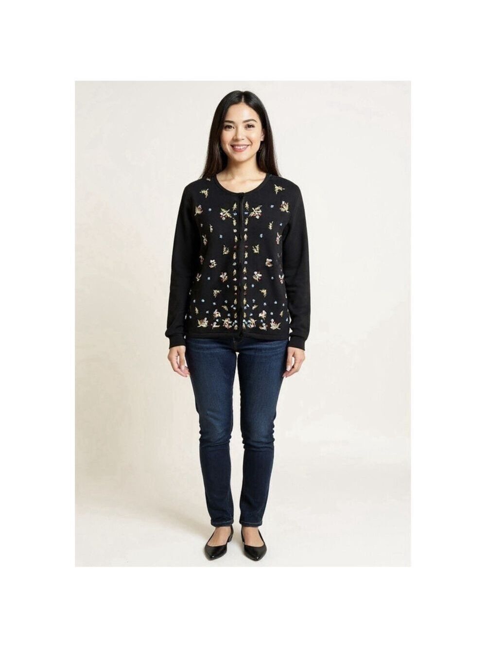 Erika Vintage Embellished Embroidered Sequins Beaded Button Black Cardigan